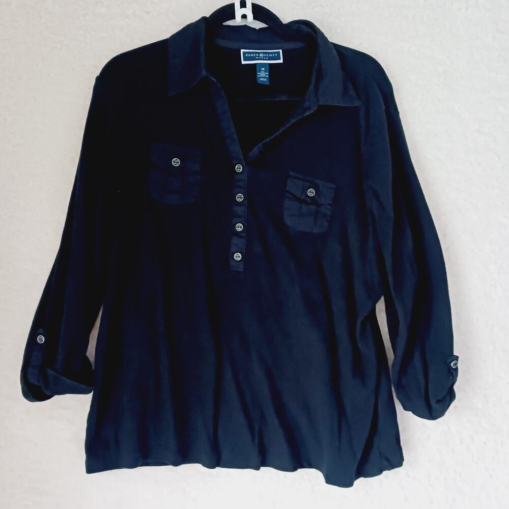 Top Blouse Karen Scott Black Button-Up Henley V-Neck Tab LS Pockets Y2K Size 1x